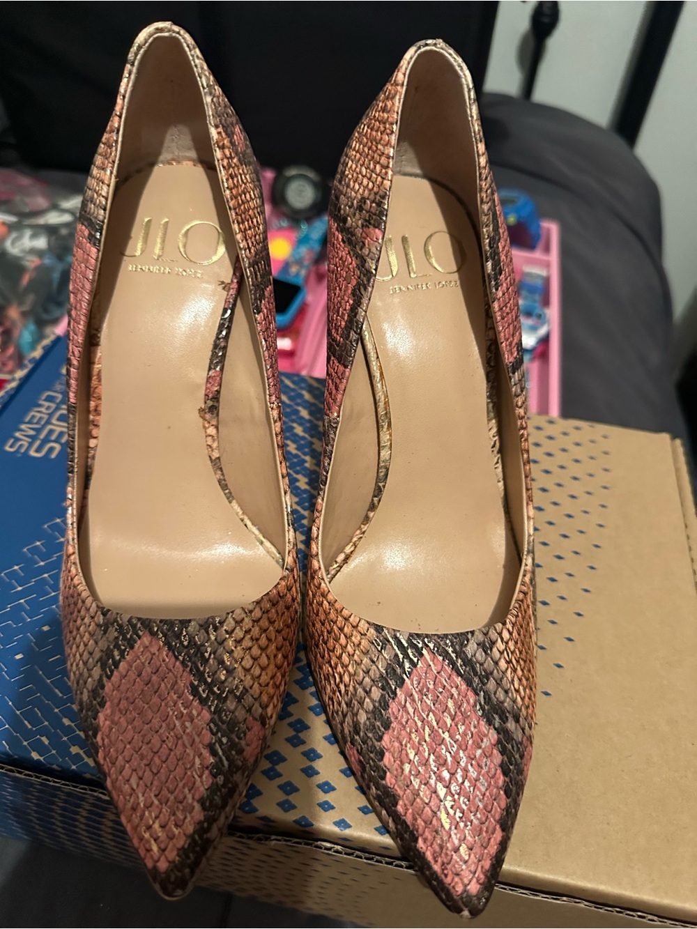 Jennifer Lopez Pink and Brown Snake-Print Pointed Toe Heels - Picture 2 of 3